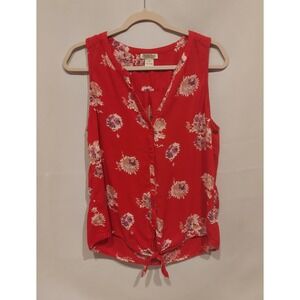Lucky Brand Womens Red Floral Tie Front V-Neck Sleeveless Blouse Size Large